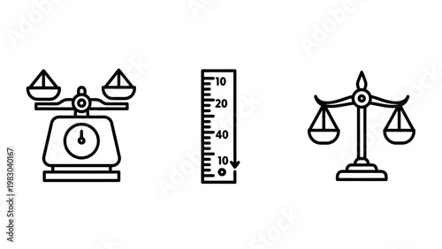 Measurement and balance icons: scales ruler gauge with data analysis measurement weighing comparison judgment precision accuracy instrument illustration collection laboratory engineering