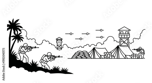 Military Battle Scene: Soldiers in Combat, Tents, and Watchtowers