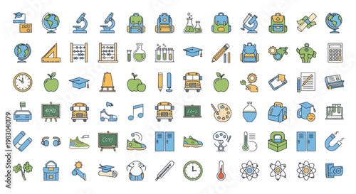 A vibrant collection of educational icons representing school, learning, and academic subjects.