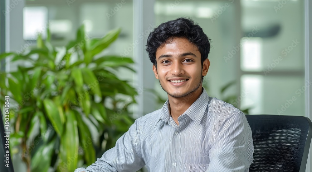 Fototapeta premium Young professional smiling at desk with laptop in office environment with plant backdrop near window