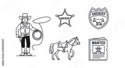 Wild West symbols: Sheriff, cowboy, horse, and wanted poster.