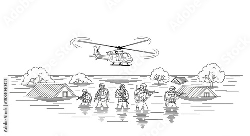 Military helicopter rescue operation in flooded village, soldiers assisting survivors