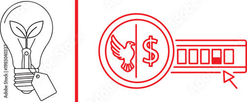 Sustainable business vector illustration featuring green energy light bulb with price tag and ethical finance icons