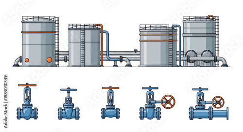 Set of industrial storage tanks, pipelines, and valves illustration