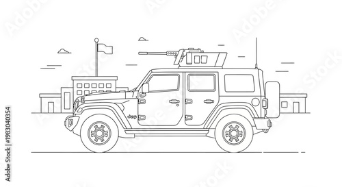 Military Jeep with Machine Gun - Line Art Illustration