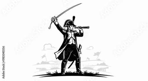 Military Leader with Sword and Spyglass on Battlefield