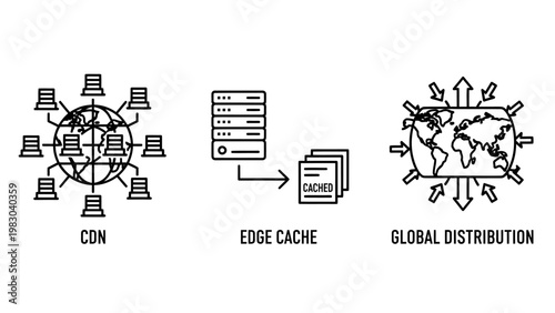 Network connection edge cache global distribution icons with technology infrastructure content delivery network connection internet information technology computer communication illustration