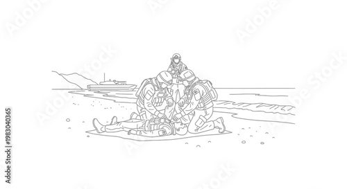 Military Medics Provide Aid to Injured Soldier on Beach Near Ship