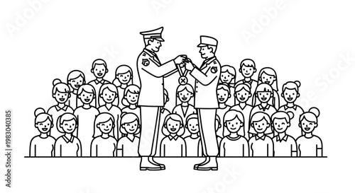 Military officer awards medal to another officer, crowd watches