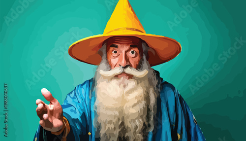 Eccentric Wizard with Pointed Hat and Flowing White Beard.