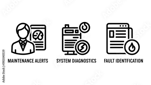 Industrial maintenance and system diagnostics vector icon set for fault identification monitoring alerts and predictive service management in smart manufacturing environments with maintenance