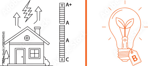 Energy efficiency concept vector illustration showing house heat loss scale and eco light bulb with green leaves