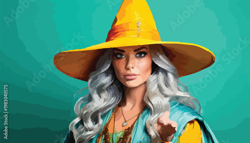 Enchanting Witch with Silver Hair and a Pointed Yellow Hat.