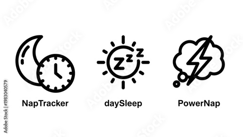 Sleep tracking and wellness icons set representing nap tracker day sleep monitoring and power nap productivity with wellness lightning relaxation circadian productivity lifestyle dreaming