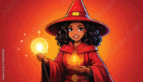 Enchanting Witch with Glowing Orbs in a Cartoon Style.