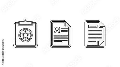 Business documentation icons set including clipboard with seal personal profile resume and text file report document business clipboard information administration management minimalist