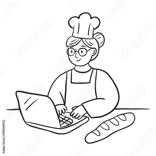 Senior female chef baker using laptop with bread baguette vector outline
