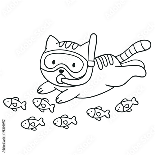 Line art illustration of a cartoon cat wearing a diving mask and snorkel swimming underwater with a school of fish, perfect for kids coloring book.