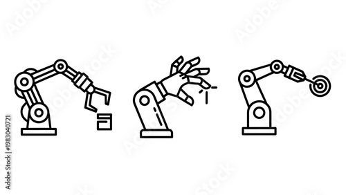 Industrial robotic arm icon collection illustrating factory automation manufacturing assembly line processes and precision engineering with industrial automation manufacturing technology assembly