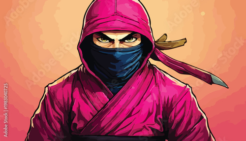 Intense Pink Ninja Stares Intently with Masked Face.