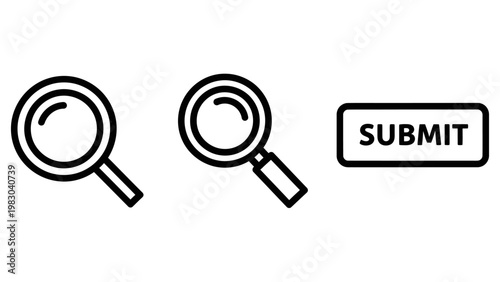 Search and submission UI design elements set with magnifying glass icons and submit action button for web interface development magnifying interface analysis navigation minimalist collection