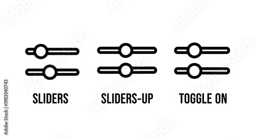 User interface control icons collection including interactive sliders and toggle switch elements for web application settings and design customization preferences with interface adjustment settings