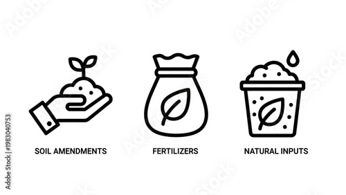 Agriculture and gardening icon set depicting soil amendments with sprout hand organic fertilizer bag and natural input bucket for sustainable farming and cultivation agriculture fertilizer resource