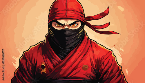 Intense Red Ninja Warrior with Piercing Gaze and Determined Expression.