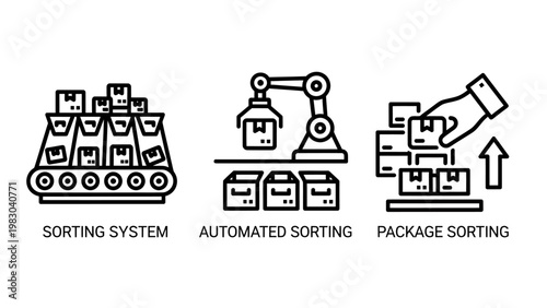 Logistics and warehouse management icons featuring automated sorting systems robotic arm and manual package handling automated logistics warehouse conveyor inventory delivery shipping industry