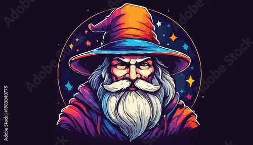 Intense wizard with a long white beard wearing a colorful hat.