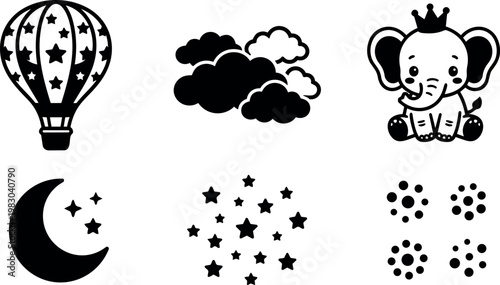 Black and white cute elephant with crown moon stars hot air balloon and clouds vector art