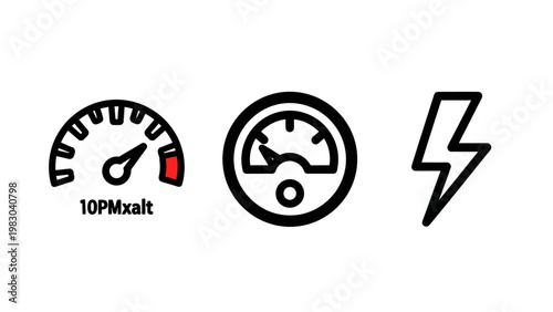Performance monitoring icons showing speedometer redline dial gauge and electrical power energy symbol with performance speedometer tachometer lightning electric electricity pressure indicator