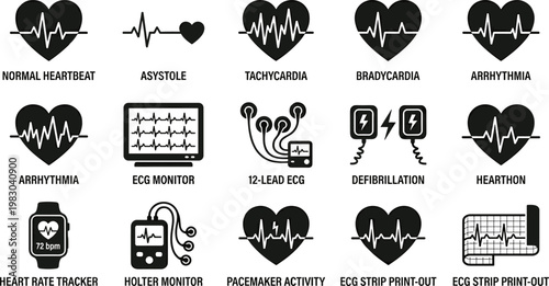 Black heart rate and ECG medical icons on white background for healthcare concepts