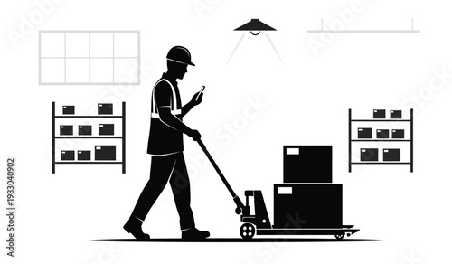 A worker in a warehouse pushes a hand truck while looking at a mobile phone illustrating modern logistics and efficiency silhouette high quality professional