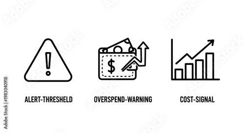 Financial monitoring and budget alert icons representing alert thresholds overspend warnings and rising cost signals with threshold overspend management increase monitoring business investment