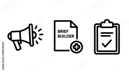 Business productivity icon collection featuring a megaphone for marketing announcements a brief builder document for project planning a clipboard with a checkmark for task completion megaphone