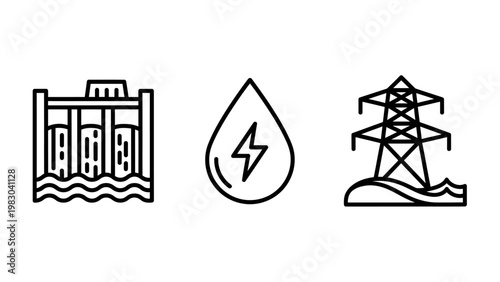 Hydroelectric dam water energy electricity pylon outline icons representing power generation and energy infrastructure with renewable energy hydro power plant line art electric grid