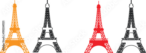Eiffel Tower silhouettes in orange black and red on white background  iconic Parisian landmarks in various colors