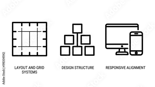 Web design concept icons showing layout grid systems site design structure and responsive adaptive device displays with structure responsive adaptive interface development computer hierarchy