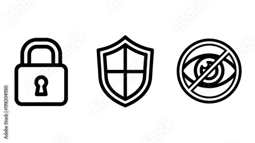 Collection of cybersecurity and personal privacy line icons including a locked padlock symbol a protective shield emblem a no-visibility eye icon inside a circle security protection internet