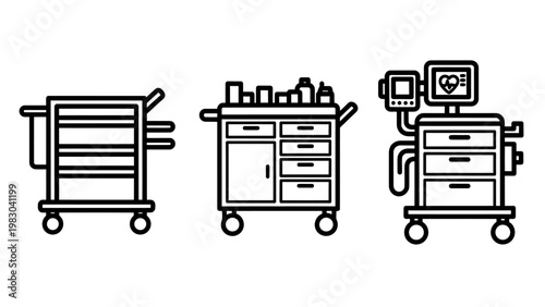 Set of medical trolley and equipment cart icons including a transport stretcher cart a pharmaceutical storage unit a high tech patient monitoring station hospital equipment healthcare