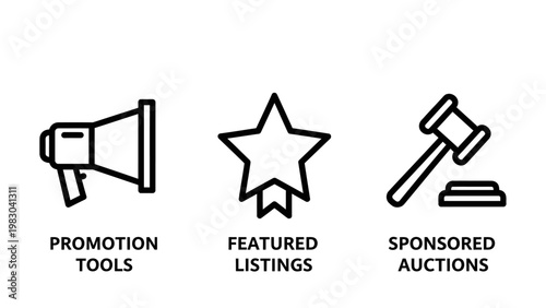 Marketing and sales icon set showing promotion tools and auctions with e commerce promotion featured listings sponsored auctions marketing megaphone advertising business commerce management