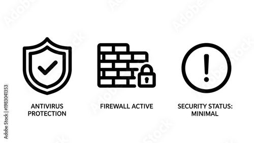 Cybersecurity icon set featuring antivirus protection firewall security status alert security cybersecurity antivirus firewall protection internet technology software computing