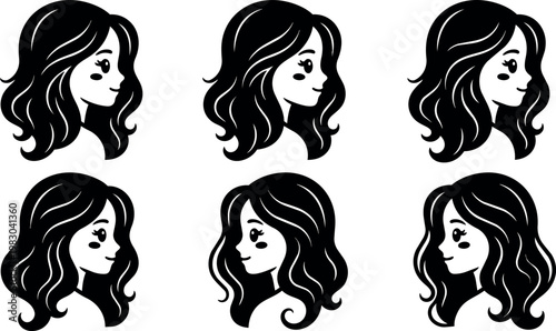 Girl profile with wavy hair six variations