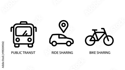 Transportation icons set for public transit ride sharing bike sharing services ride share transport navigation location commuting mobility interface transportation movement traveling
