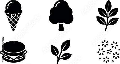 Black silhouette ice cream cone tree leaves flower burger and plant icons