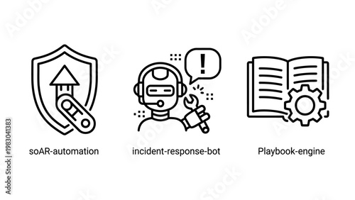 Set of cyber security and automation icons with automation cybersecurity incident response playbook security optimization protection technology software business management technical