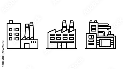 Industrial factory and manufacturing plant icons with industry manufacturing production industrial building facility infrastructure engineering business technology construction architecture
