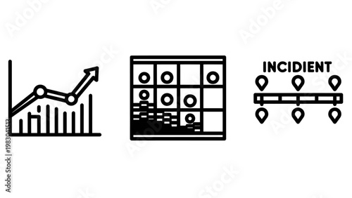 Data analytics and incident management icons featuring growth charts and process monitoring analytics incident management monitoring statistics business operations tracking timeline planning