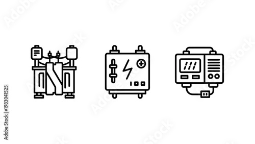 Electrical power equipment and measuring device icons with electricity transformer measurement electrical technical electronic instrument distribution industrial technology hardware